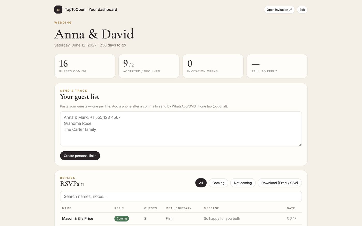 RSVP guest list dashboard